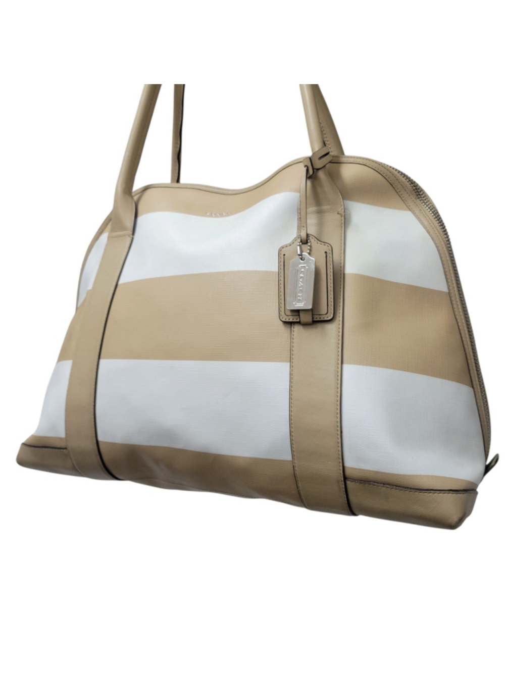 Coach Bleecker Preston Large Women Satchel Beige/White Stripe Coated Canvas Bag - Picture 4 of 9